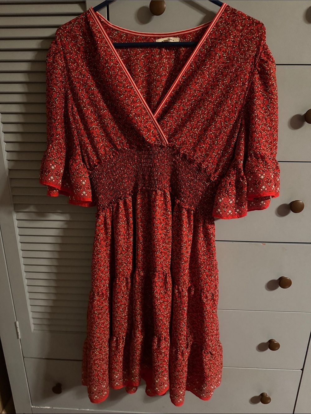 Max Studio Red Floral V-Neck Smocked-Waist Midi Dress
